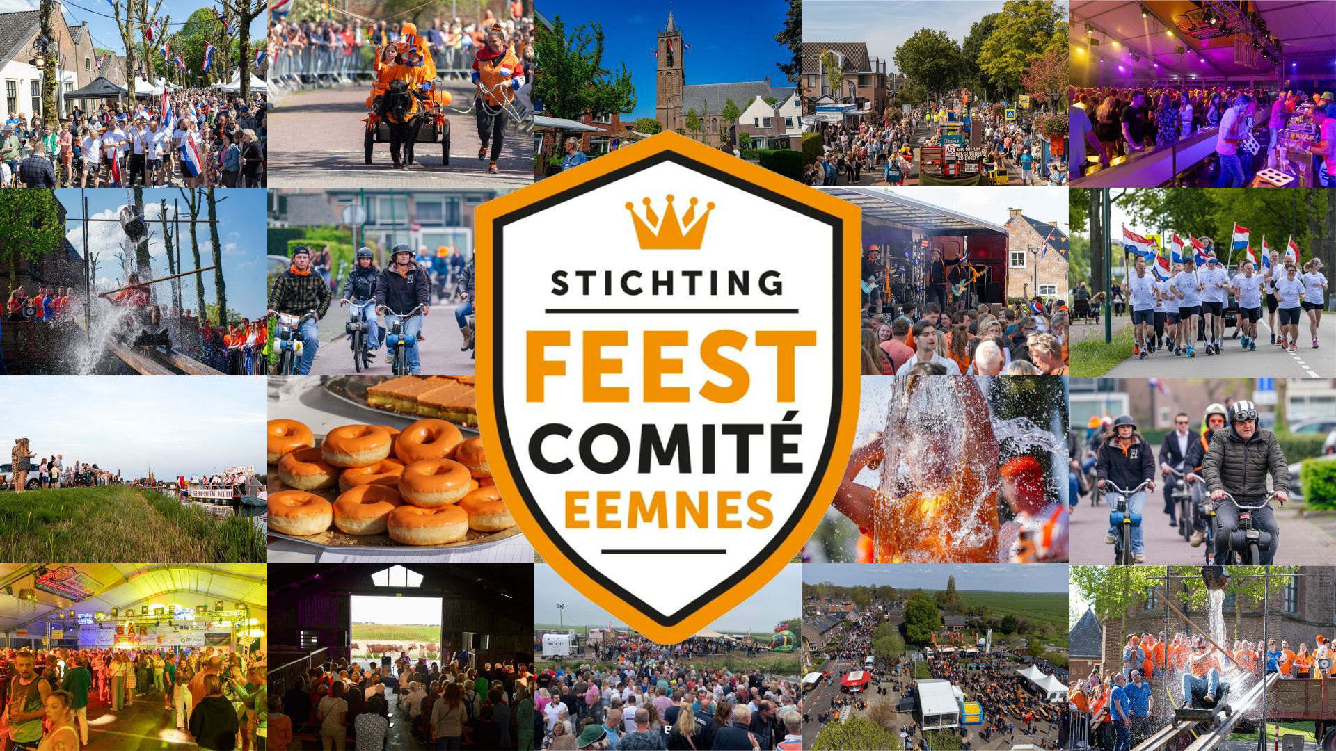 Collage van feestelijke momenten in Eemnes met het logo van Stichting Feestcomité Eemnes